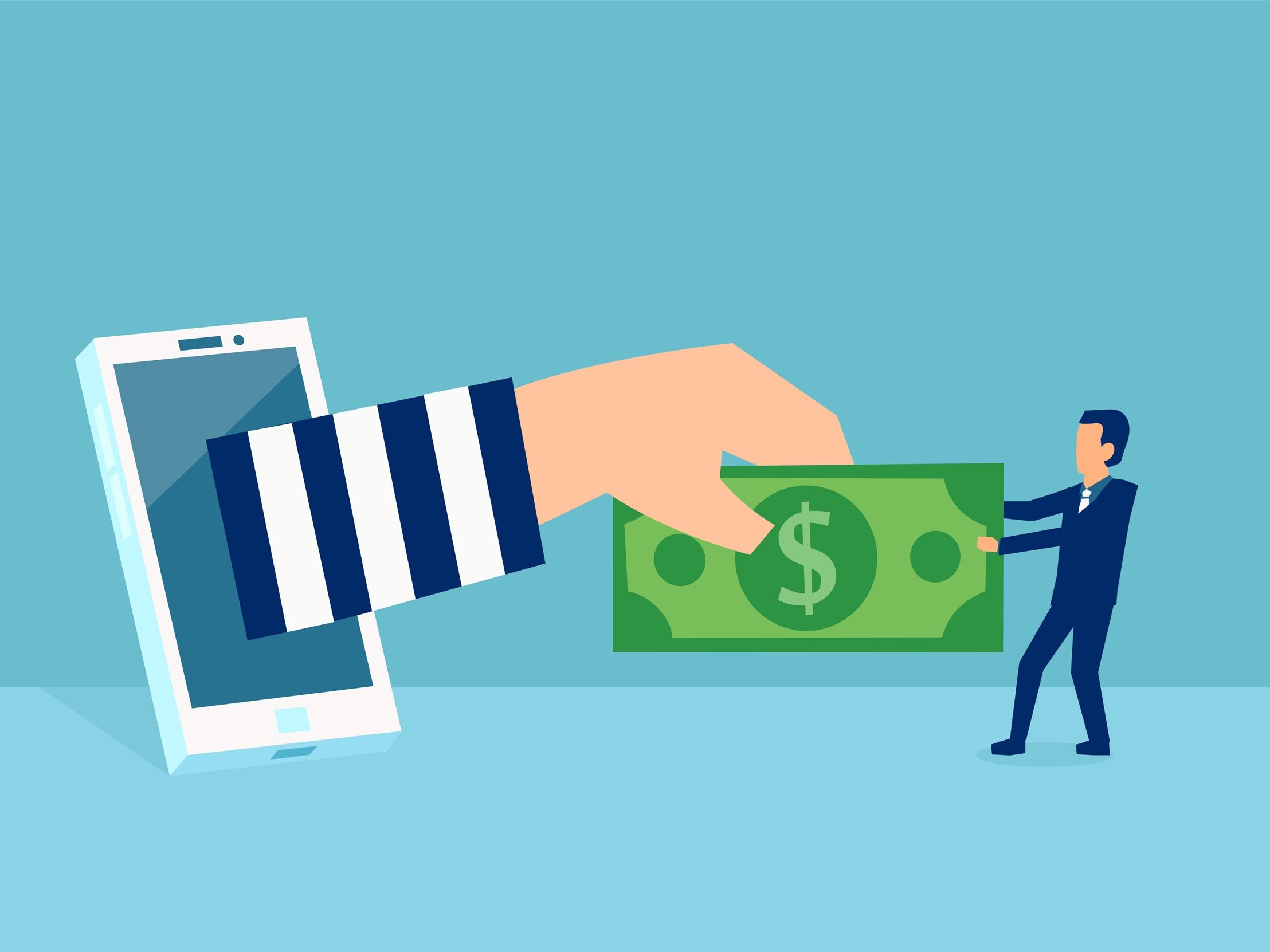 man from phone taking money from someone